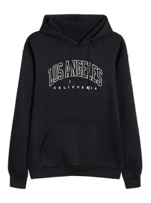 SHEIN LUNE Letter Graphic Thermal Lined Drawstring Hoodie - Black - View 1
