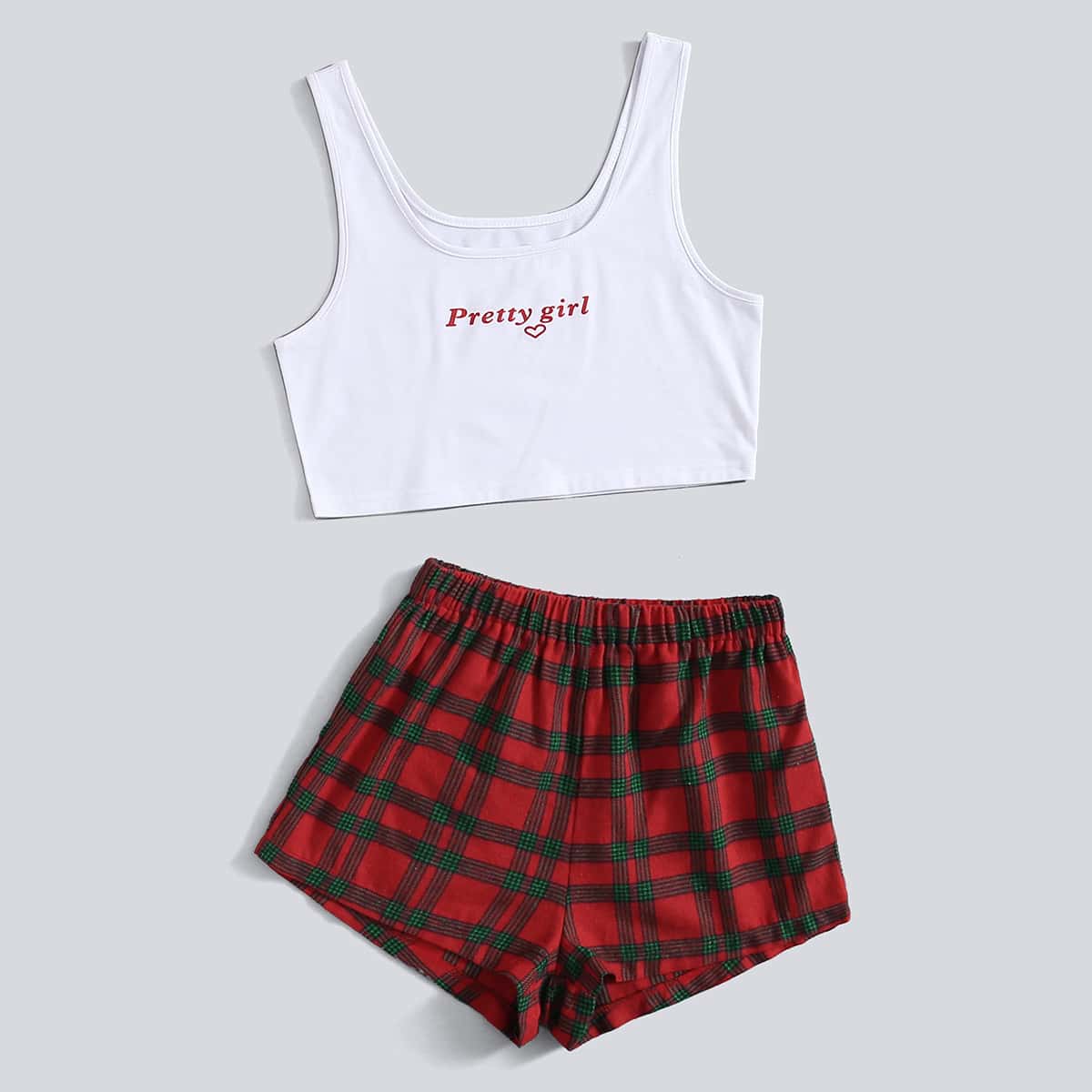 

Letter & Plaid Pattern PJ Set, Red and white