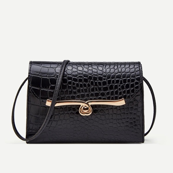 

Metal Edge Croc Embossed Crossbody Bag, Black