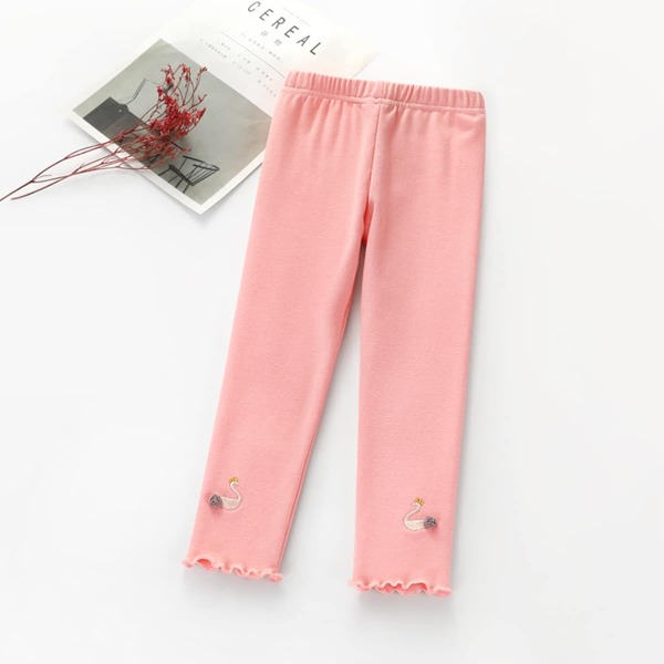 

Toddler Girls Swan Embroidery Lettuce Trim Leggings, Coral pink