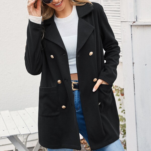 

Lapel Collar Double Breasted Overcoat, Black
