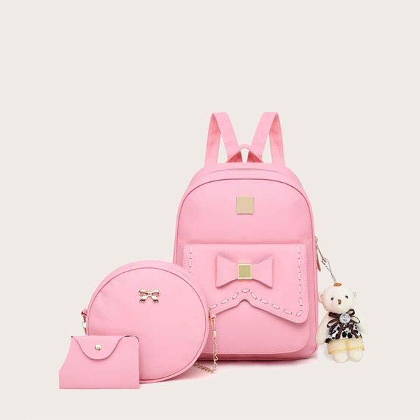 

3pcs Girls Bow Decor Backpack Set, Pink