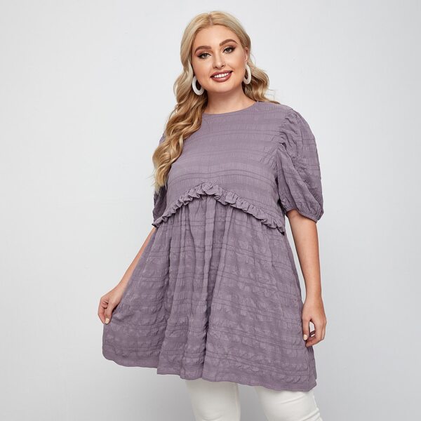 

Plus Puff Sleeve Ruffle Trim Smock Blouse, Mauve purple