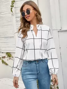 SHEIN Clasi Windowpane Plaid Notched Neck Blouse - White - View 1