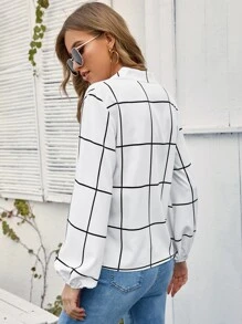 SHEIN Clasi Windowpane Plaid Notched Neck Blouse - White - View 2