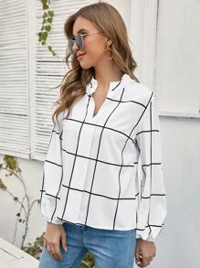 SHEIN Clasi Windowpane Plaid Notched Neck Blouse - White - View 3