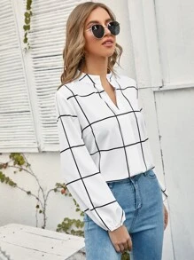 SHEIN Clasi Windowpane Plaid Notched Neck Blouse - White - View 5