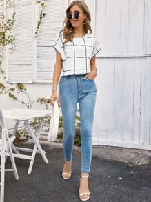 SHEIN LUNE Blusa Con Puños Enrollados Y Cuadros Con Paneles De Ventana - Blanco - Ver 5