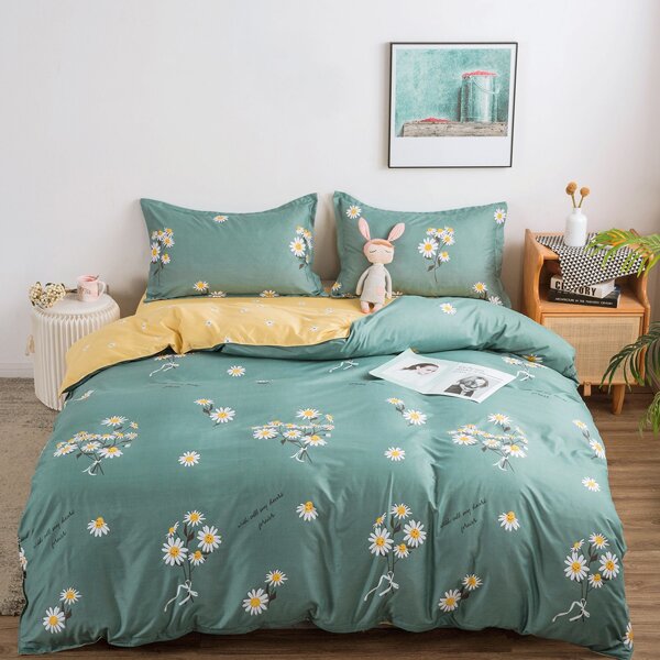 

Daisy Print Bedding Set Without Filler, Cadet blue