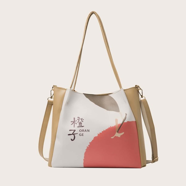 

Chinese Letter Graphic Color Block Tote Bag, Khaki