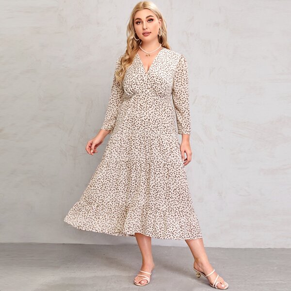 

Plus Ditsy Floral Surplice Front Ruffle Hem Dress, Multicolor