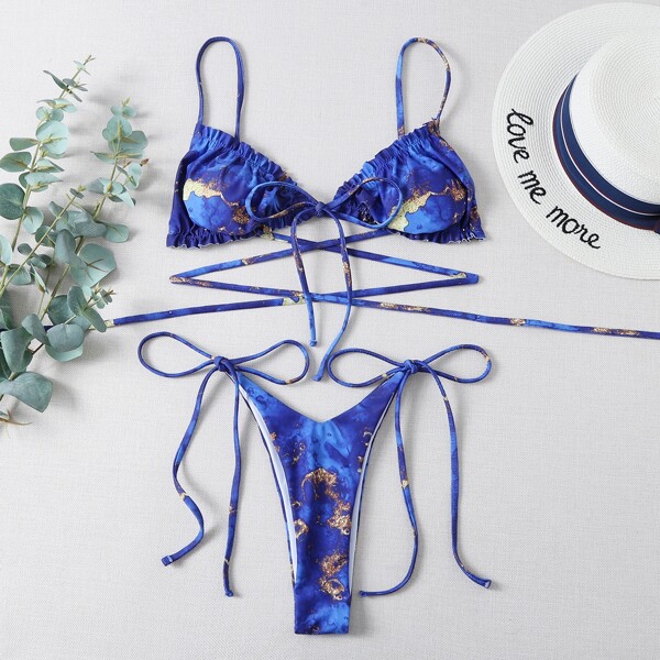 

Frill Trim Tie Side Bikini Swimsuit, Multicolor