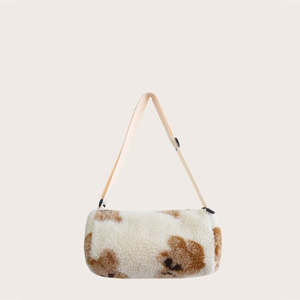 

Girls Bear Pattern Fluffy Crossbody Bag, Beige