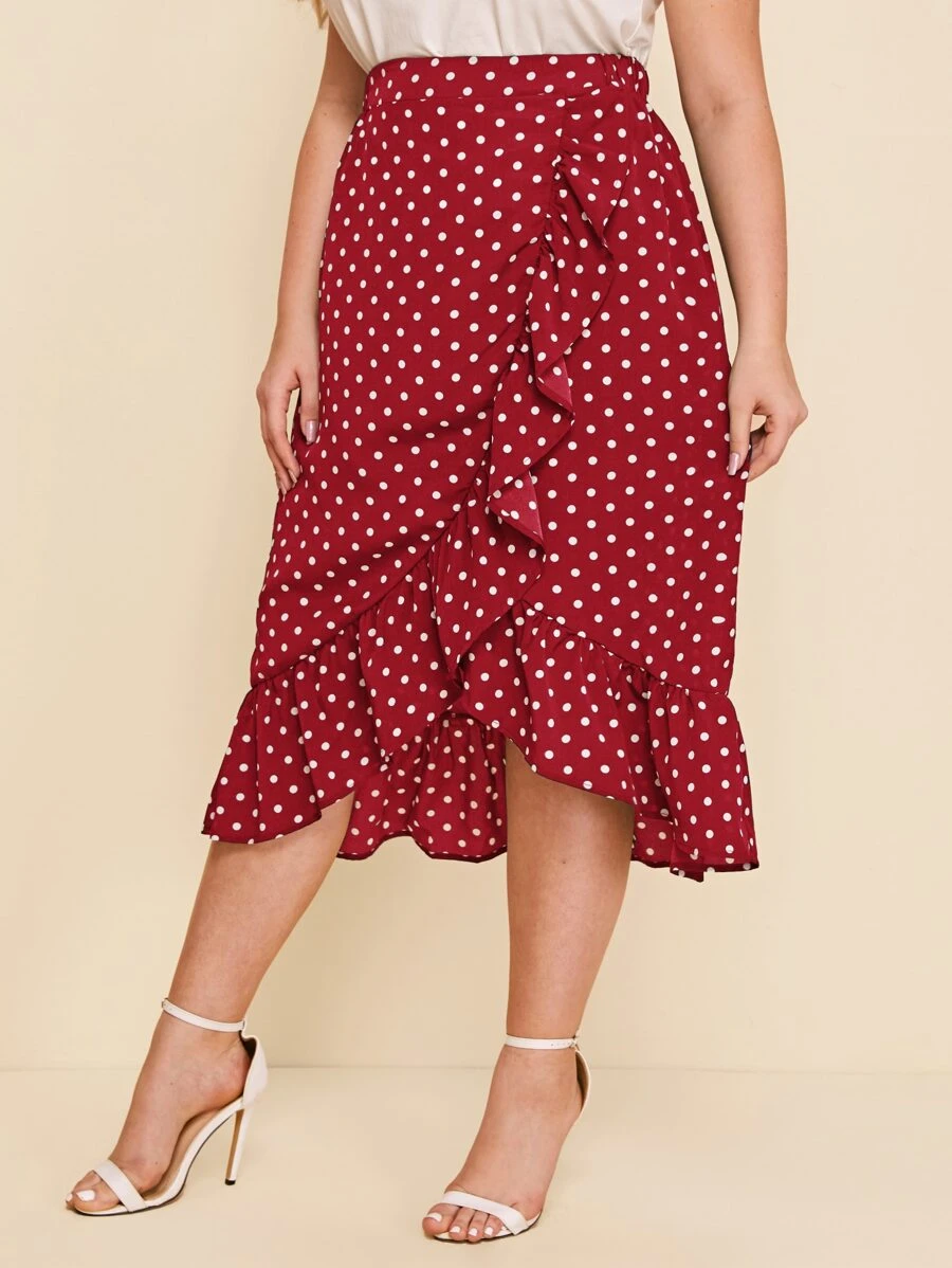 SHEIN Clasi Plus Ruffle Trim Polka Dot Wrap Skirt - Burgundy - View 1