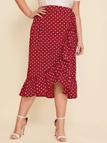 SHEIN Clasi Plus Ruffle Trim Polka Dot Wrap Skirt - Burgundy - View 4