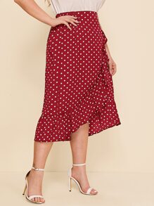 SHEIN Clasi Plus Ruffle Trim Polka Dot Wrap Skirt - Burgundy - View 5