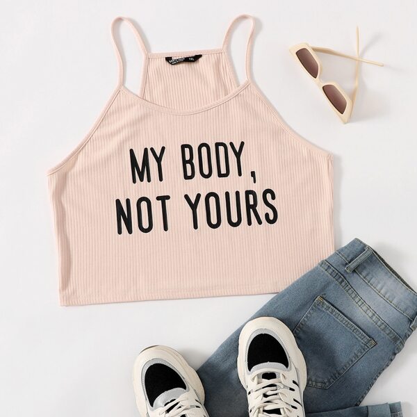 

Plus Slogan Print Rib-knit Cami Top, Pastel baby pink