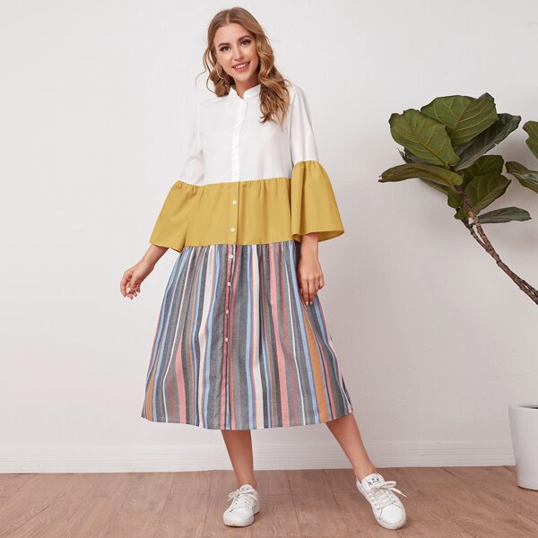 

Flounce Sleeve Striped Panel Shirt Dress, Multicolor
