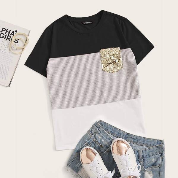 

Colorblock Sequin Pocket Short Sleeve Tee, Multicolor