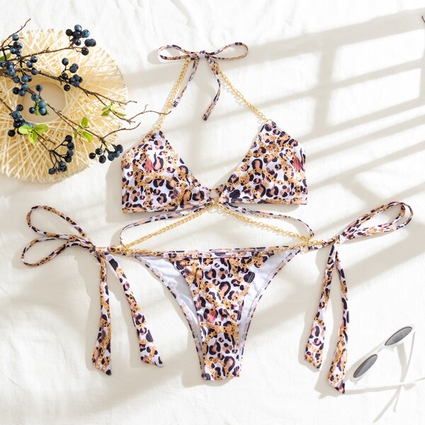 

Leopard Chain Decor Tie Side Bikini Swimsuit, Multicolor