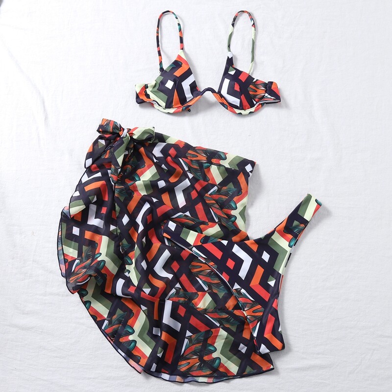 

3pack Geo Print Underwire Bikini Swimsuit & Beach Skirt, Multicolor
