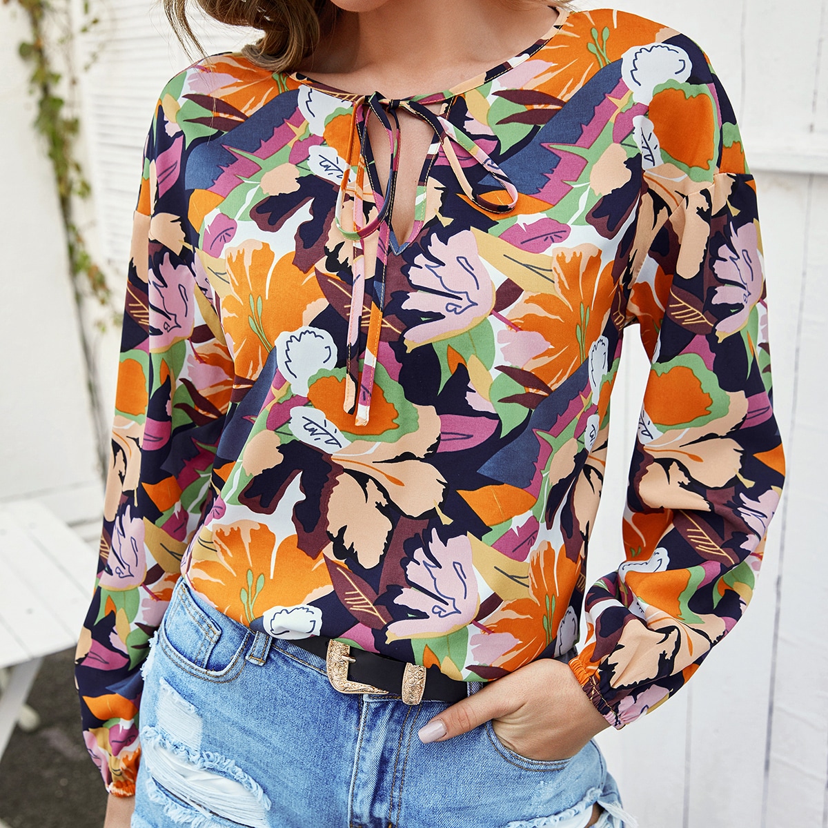 Image of Abstract Floral Print Tie Neck Blouse