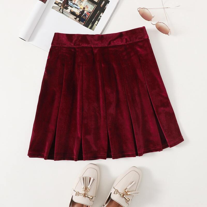 

Solid Velvet Pleated Skirt, Burgundy