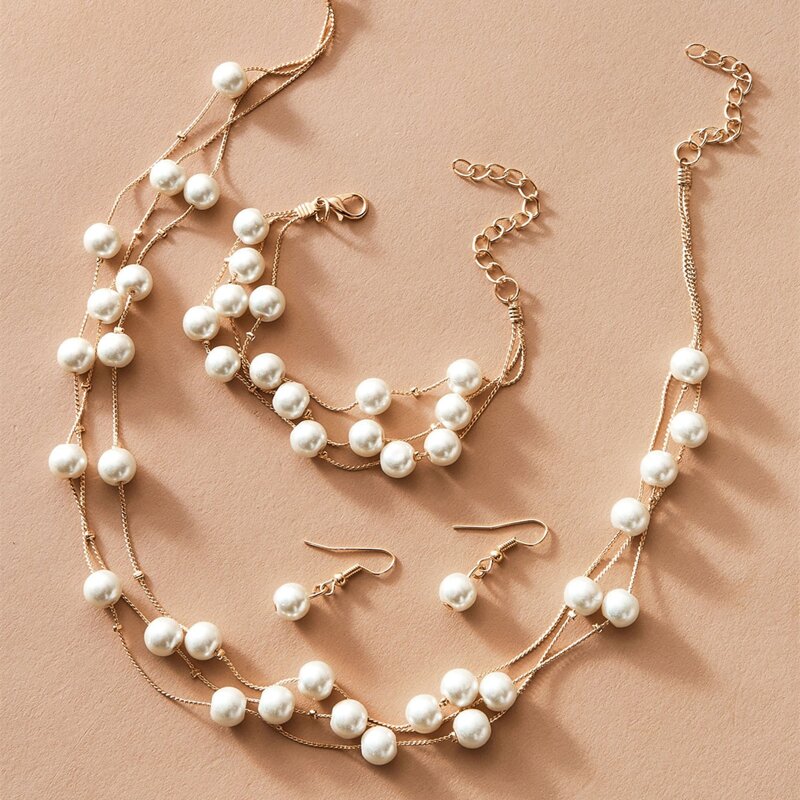 

4pcs Faux Pearl Jewelry Set, Gold