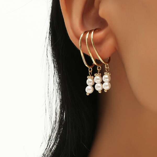 

2pcs Faux Pearl Tassel Decor Ear Cuff, Gold