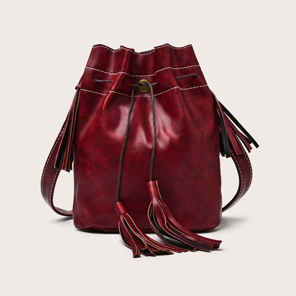 

Tassel Decor Vintage Design Bucket Bag, Burgundy