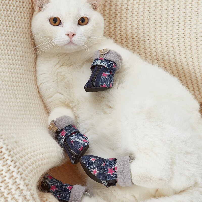 

4pcs Star Pattern Zipper Cat Shoes, Navy blue
