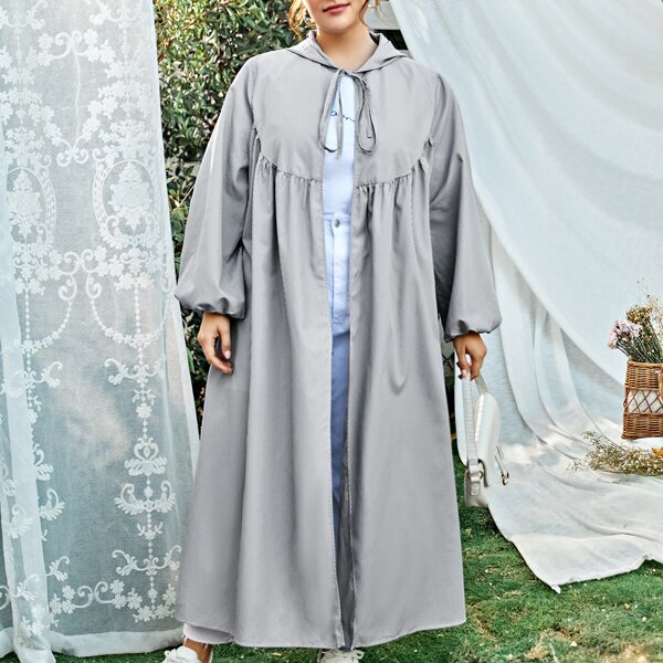 

Plus Tie Neck Lantern Sleeve Hooded Abaya, Black and white
