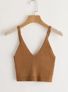 Muchica Knit ngọn Gân đan màu trơn Giải trí - màu nâu - Xem 1