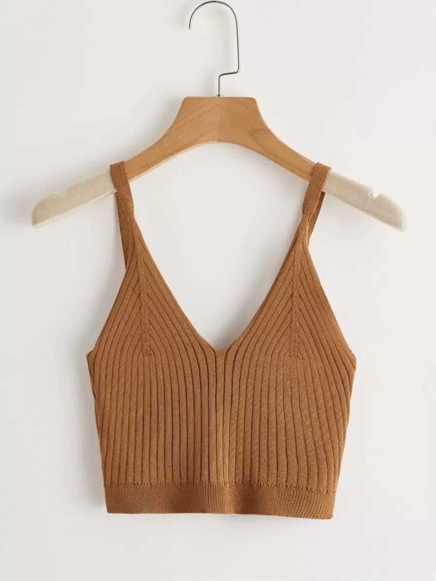 Muchica Knit ngọn Gân đan màu trơn Giải trí - màu nâu - Xem 1