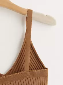 Muchica Knit ngọn Gân đan màu trơn Giải trí - màu nâu - Xem 4