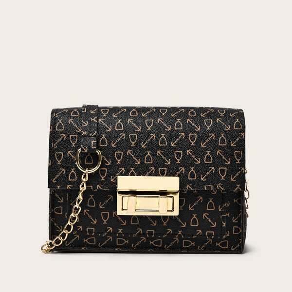 

Twist Lock Graphic Chain Crossbody Bag, Brown