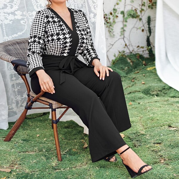 

Plus V-neck Houndstooth Bodice Self Belted Jumpsuit, Black