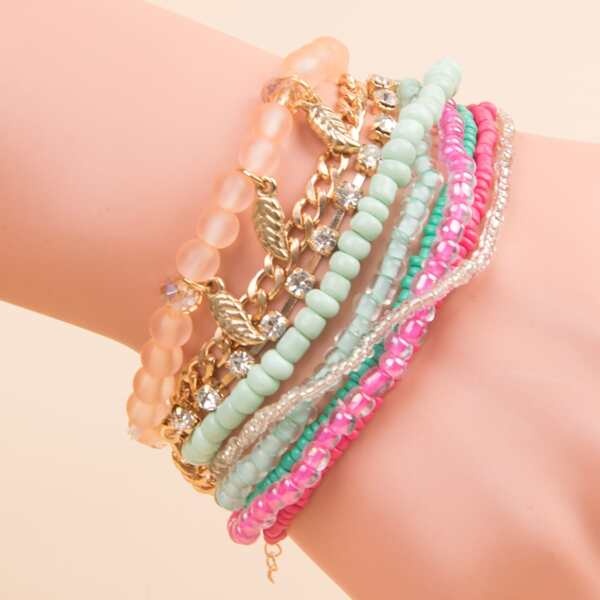 

9pcs Rhinestone & Bead Decor Bracelet, Multicolor