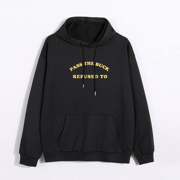 

Slogan Graphic Drawstring Hoodie, Black