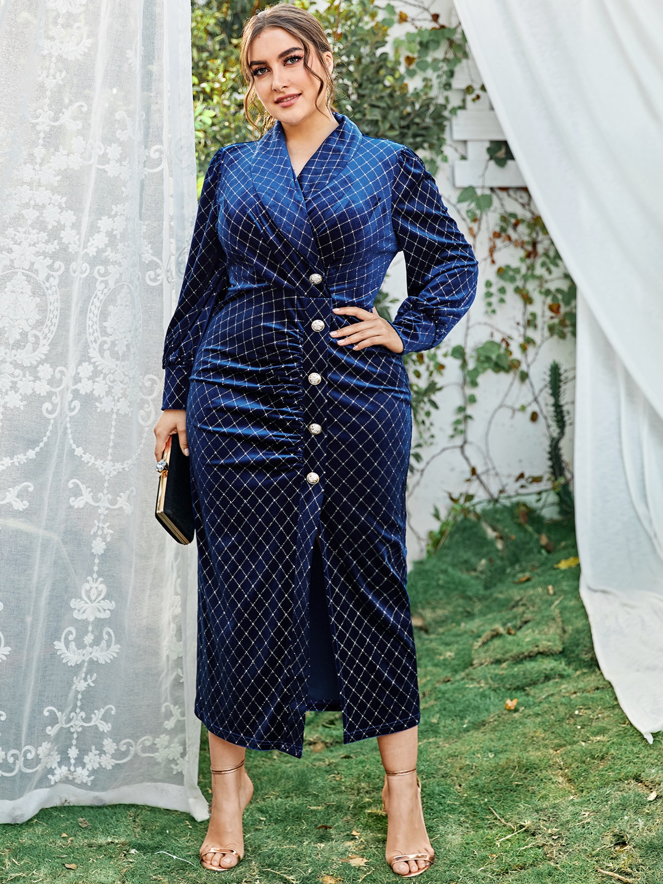 Plus Shawl Collar Button Front Glitter Plaid Velvet Dress thumbnail