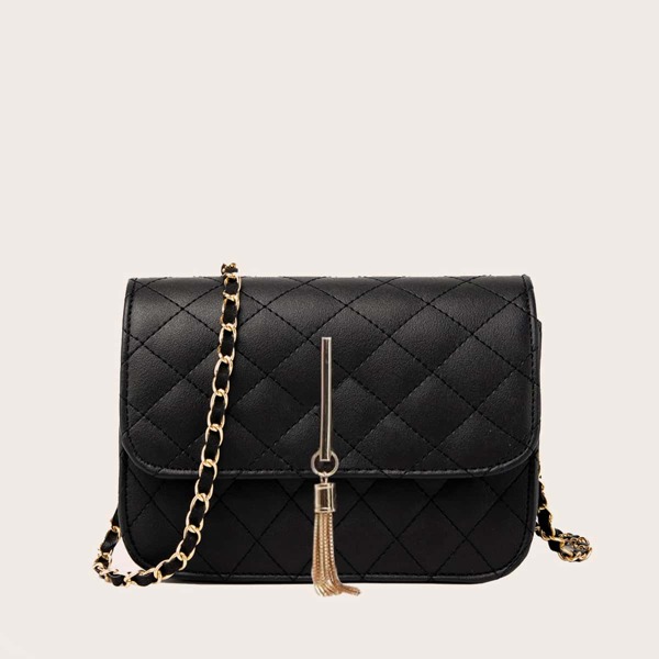 

Quilted Tassel Decor Crossbody Bag, Black