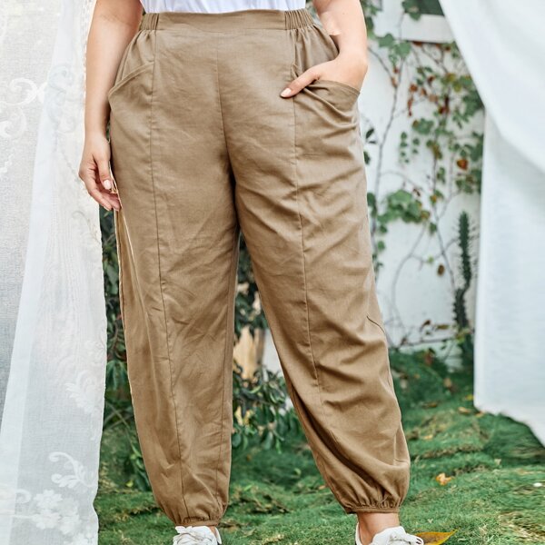 

Plus Pocket Side Solid Pants, Khaki