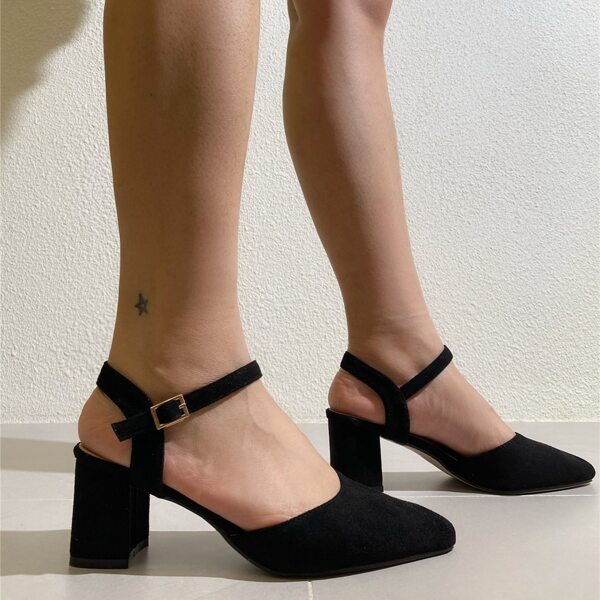 

Point Toe Mid Heeled Ankle Strap Suede Pumps, Black