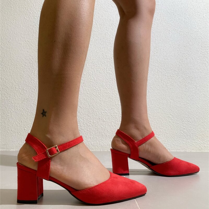 

Point Toe Mid Heeled Ankle Strap Suede Pumps, Red