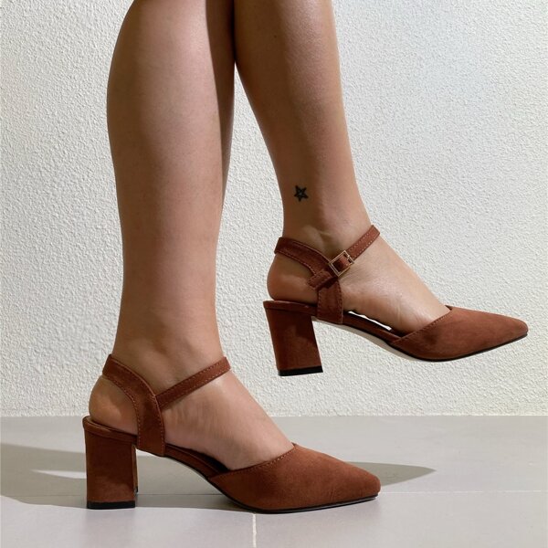 

Point Toe Mid Heeled Ankle Strap Suede Pumps, Brown