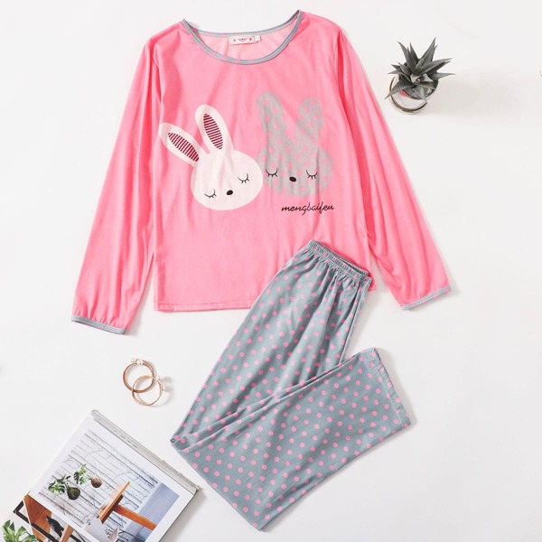 

Cartoon And Polka Dot Print Pajama Set, Multicolor