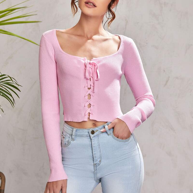 

Lace Up Front Rib-knit Cardigan, Pastel baby pink