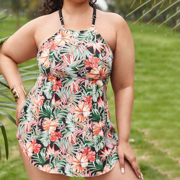 

Plus Floral & Tropical Print Bikini Swimsuit, Multicolor