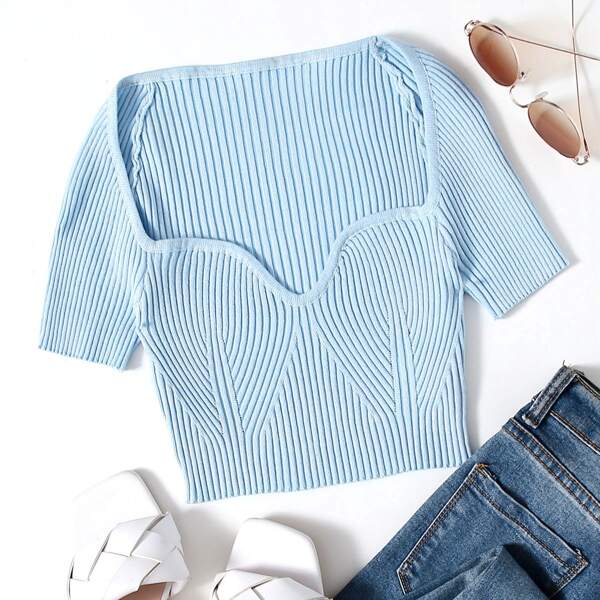 

Sweetheart Neck Knit Top, Pastel baby blue
