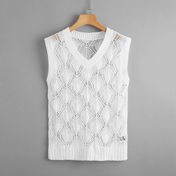 

V Neck Open Stitch Cover Up, White